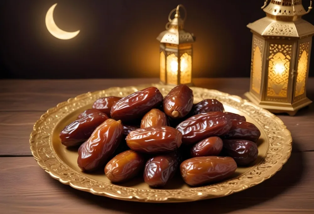 A Pile Of Dates On A Golden Plate With Three Arabic Lanterns On A Wooden Table With A Crescent Moon In The Background 21 72a7