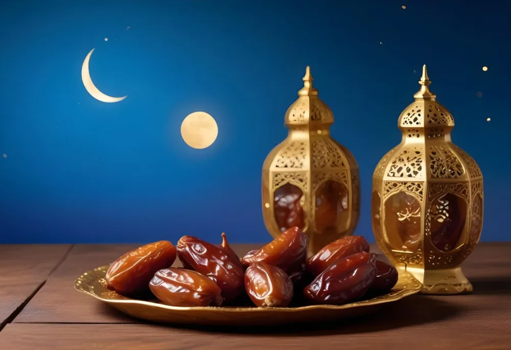 A Pile Of Dates On A Golden Plate With Three Arabic Lanterns On A Wooden Table With A Crescent Moon In The Background 22 2169