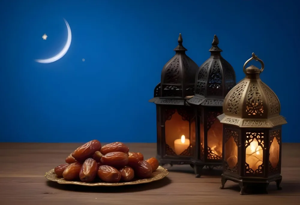 A Pile Of Dates On A Golden Plate With Three Arabic Lanterns On A Wooden Table With A Crescent Moon In The Background 3 Ad8a