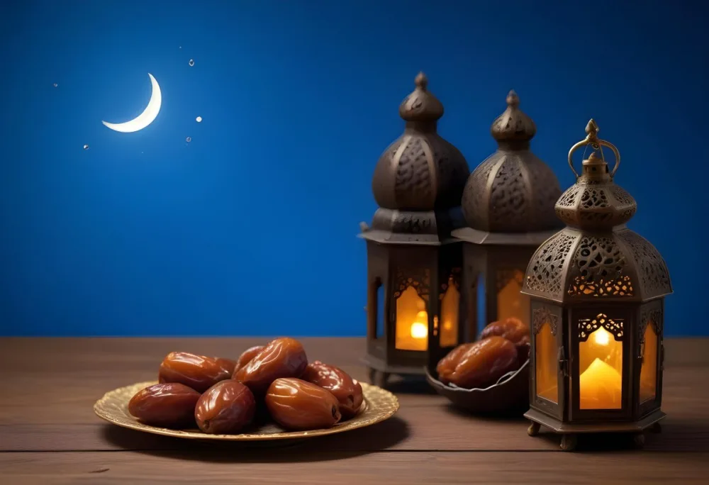 A Pile Of Dates On A Golden Plate With Three Arabic Lanterns On A Wooden Table With A Crescent Moon In The Background 4 Ae38