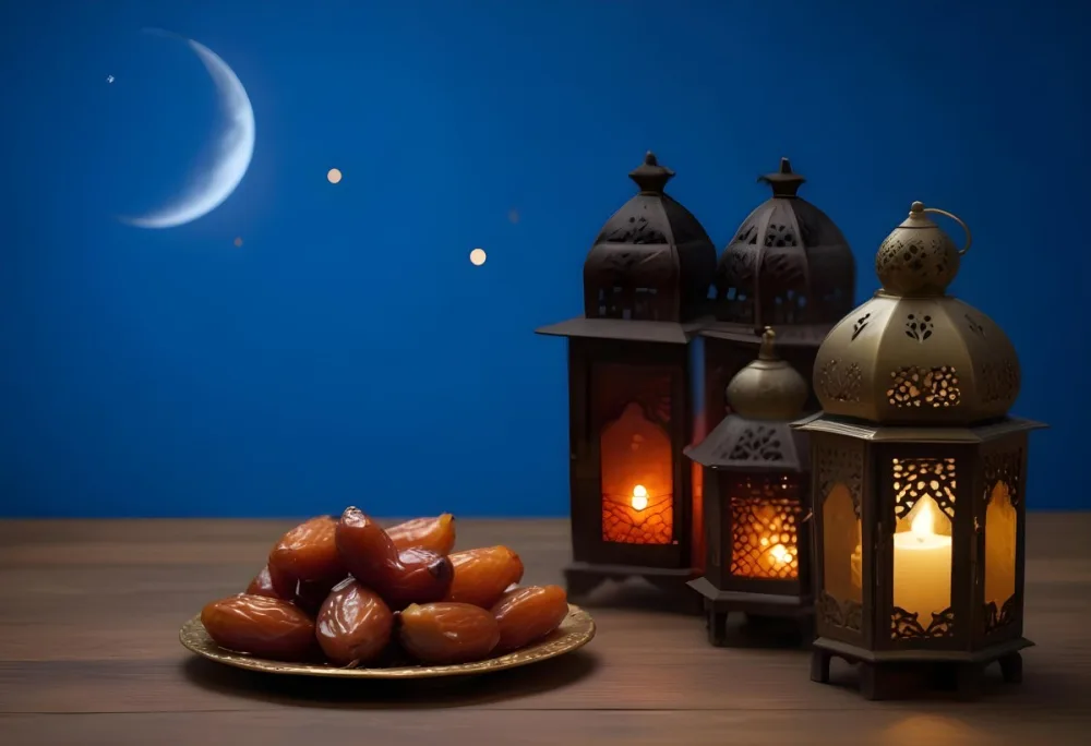 A Pile Of Dates On A Golden Plate With Three Arabic Lanterns On A Wooden Table With A Crescent Moon In The Background 5 7bc1