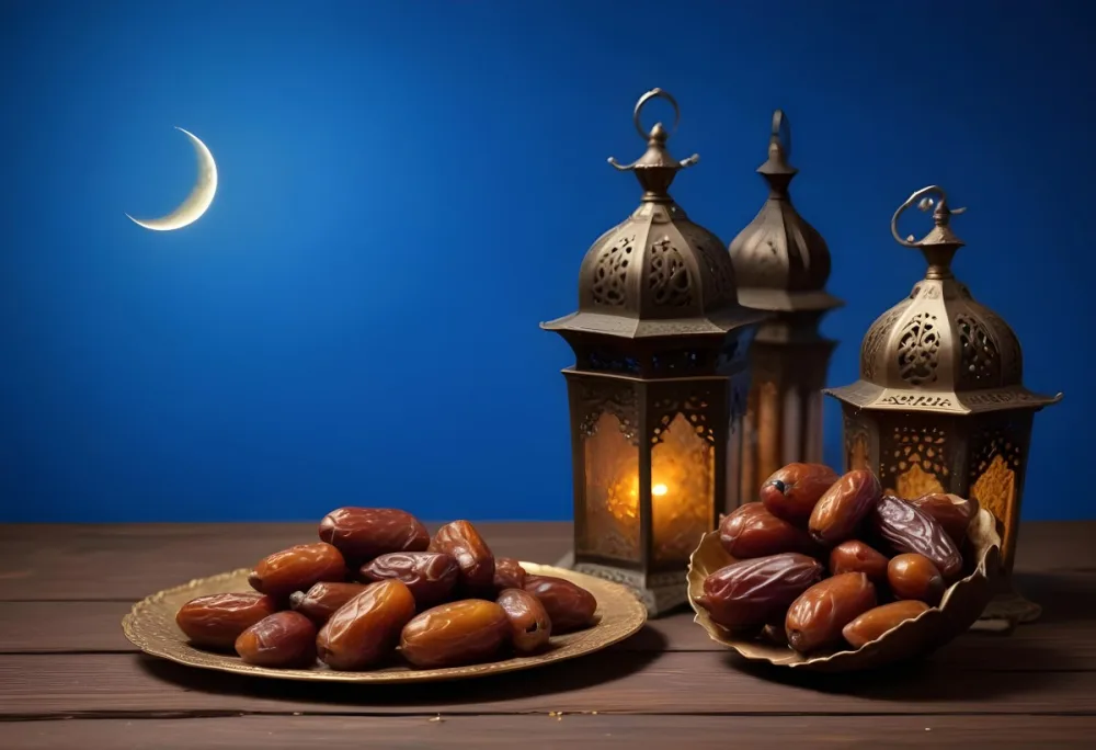 A Pile Of Dates On A Golden Plate With Three Arabic Lanterns On A Wooden Table With A Crescent Moon In The Background 6 A324