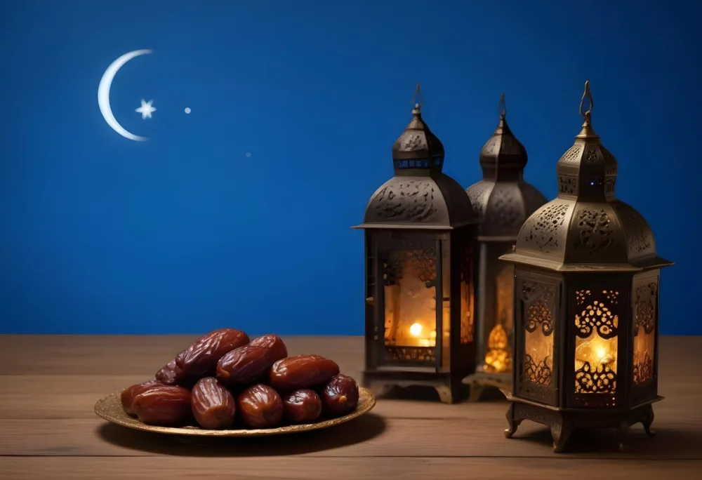 A Pile Of Dates On A Golden Plate With Three Arabic Lanterns On A Wooden Table With A Crescent Moon In The Background 8 A2cd