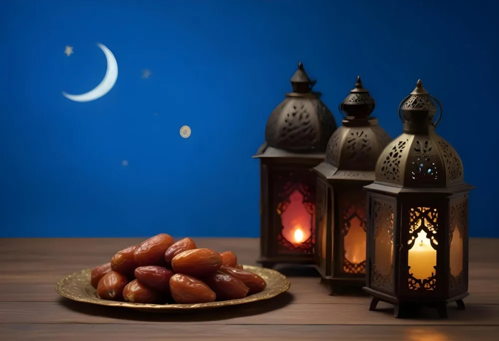 A Pile Of Dates On A Golden Plate With Three Arabic Lanterns On A Wooden Table With A Crescent Moon In The Background 9 D9ae
