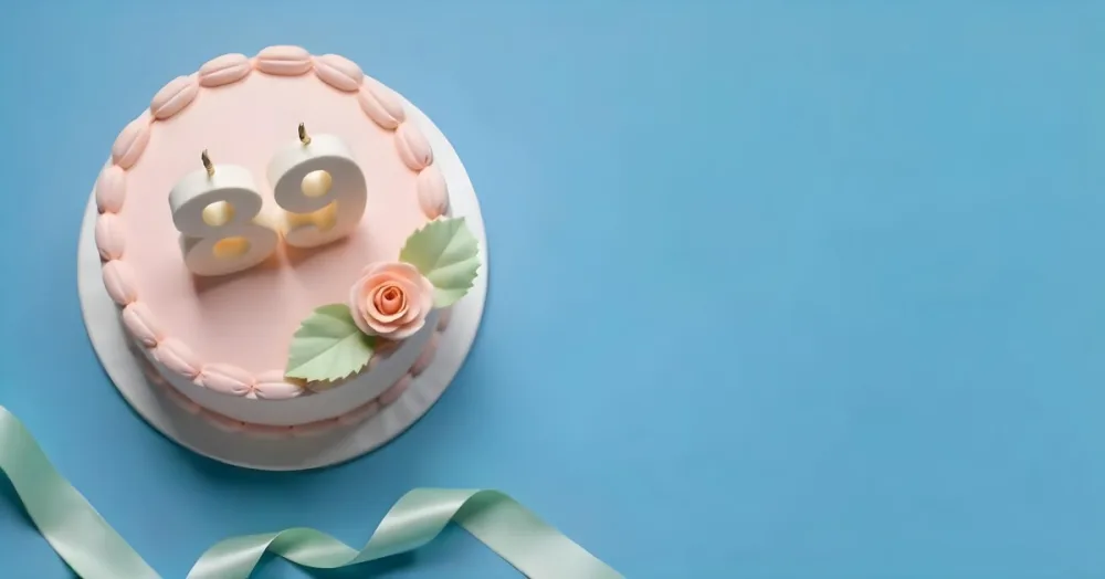 A Pink Cake With Number 89 Candles And A Rose Decoration On Top A Light Green Ribbon On A Blue Background 8 Ca15