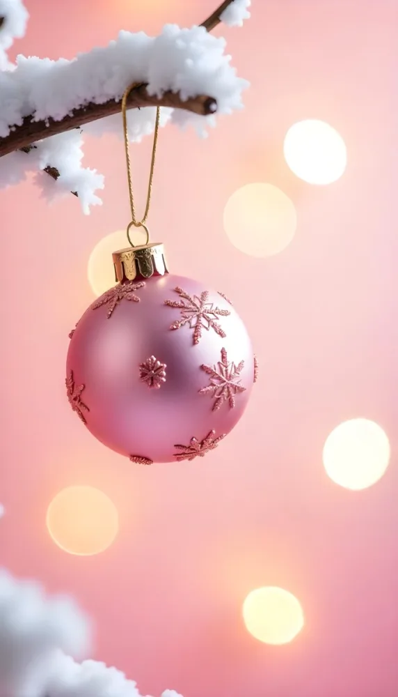 A Pink Christmas Ball With Glitter Hanging From A Snowy Branch Bokeh Lights In The Background 15 C952