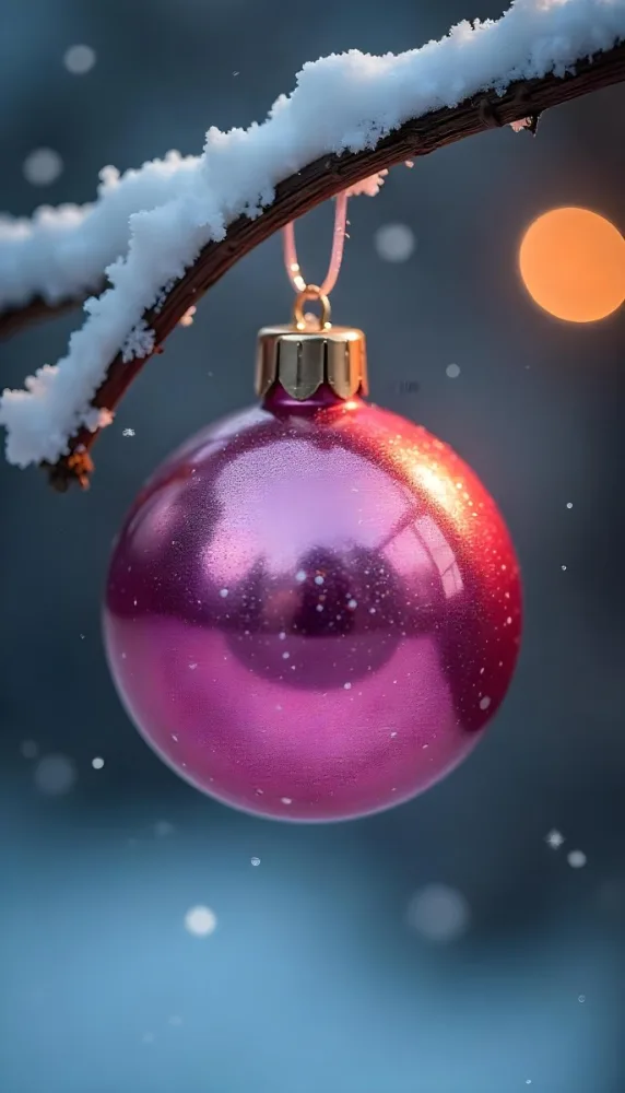 A Pink Christmas Ball With Glitter Hanging From A Snowy Branch Bokeh Lights In The Background 23 B8e8