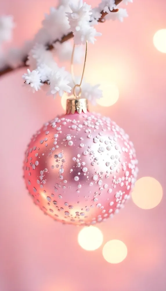 A Pink Christmas Ball With Glitter Hanging From A Snowy Branch Bokeh Lights In The Background 3 4d98
