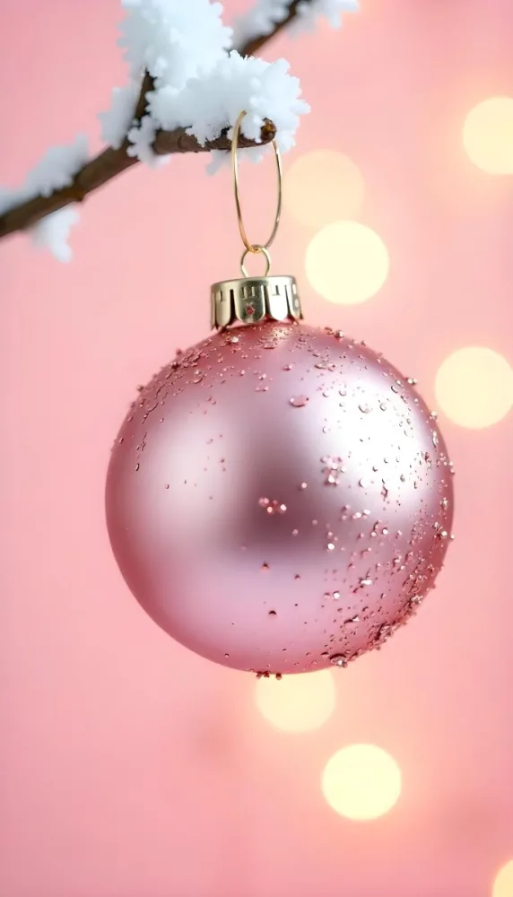 A Pink Christmas Ball With Glitter Hanging From A Snowy Branch Bokeh Lights In The Background 32 08f4