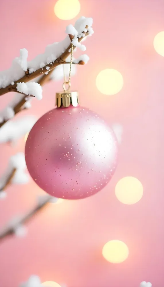 A Pink Christmas Ball With Glitter Hanging From A Snowy Branch Bokeh Lights In The Background 35 C2e0