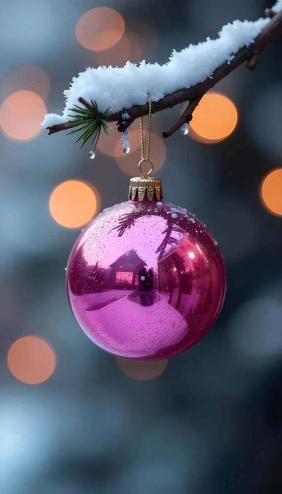 A Pink Christmas Ball With Glitter Hanging From A Snowy Branch Bokeh Lights In The Background 36 E4f4