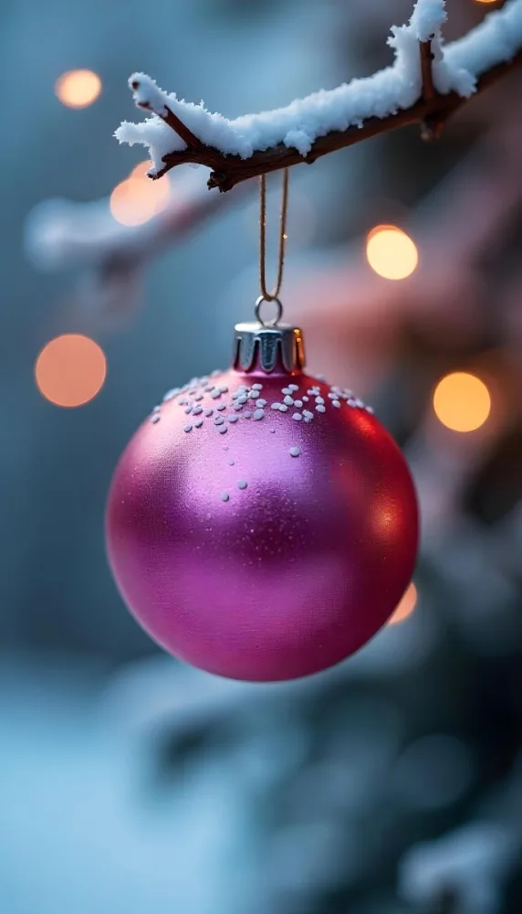 A Pink Christmas Ball With Glitter Hanging From A Snowy Branch Bokeh Lights In The Background 37 8d1e