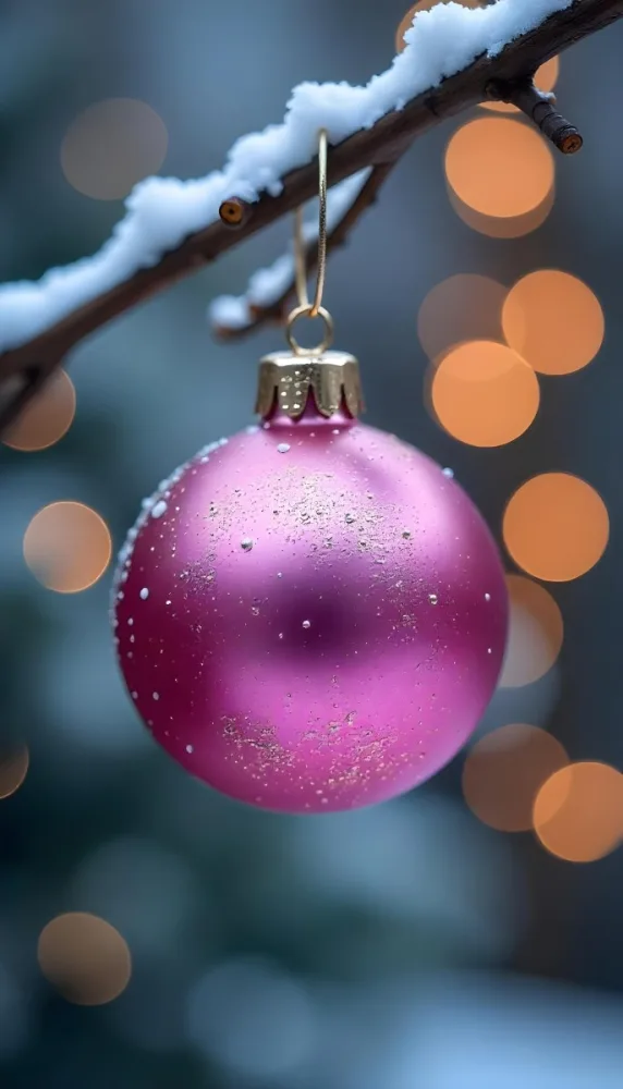 A Pink Christmas Ball With Glitter Hanging From A Snowy Branch Bokeh Lights In The Background 38 5d58