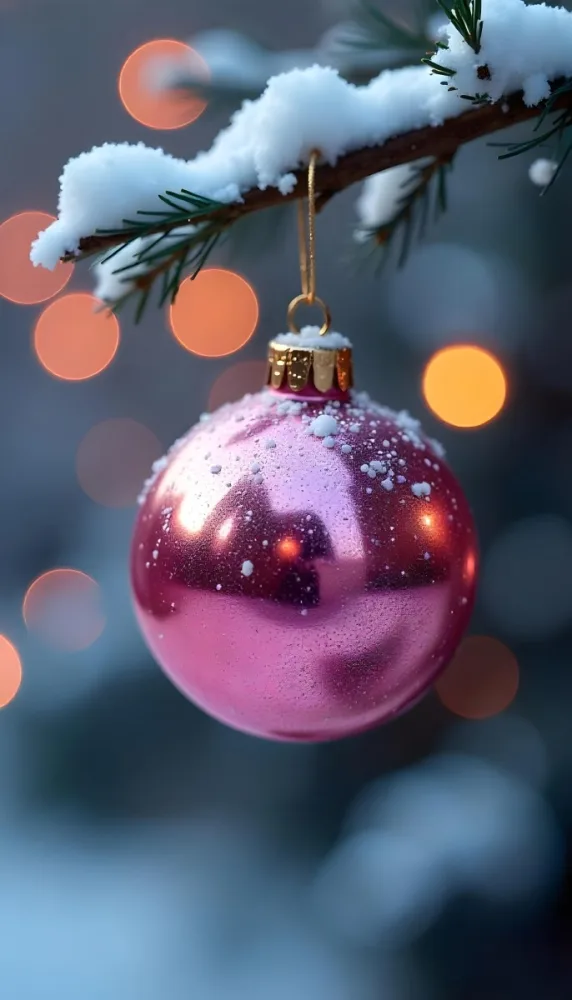 A Pink Christmas Ball With Glitter Hanging From A Snowy Branch Bokeh Lights In The Background 40 8b62