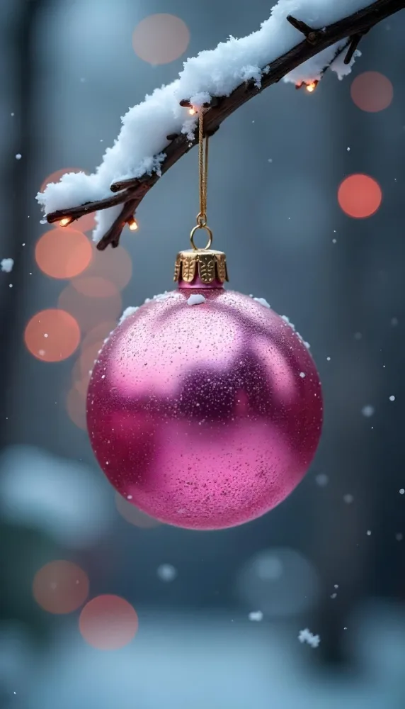 A Pink Christmas Ball With Glitter Hanging From A Snowy Branch Bokeh Lights In The Background 8 164f