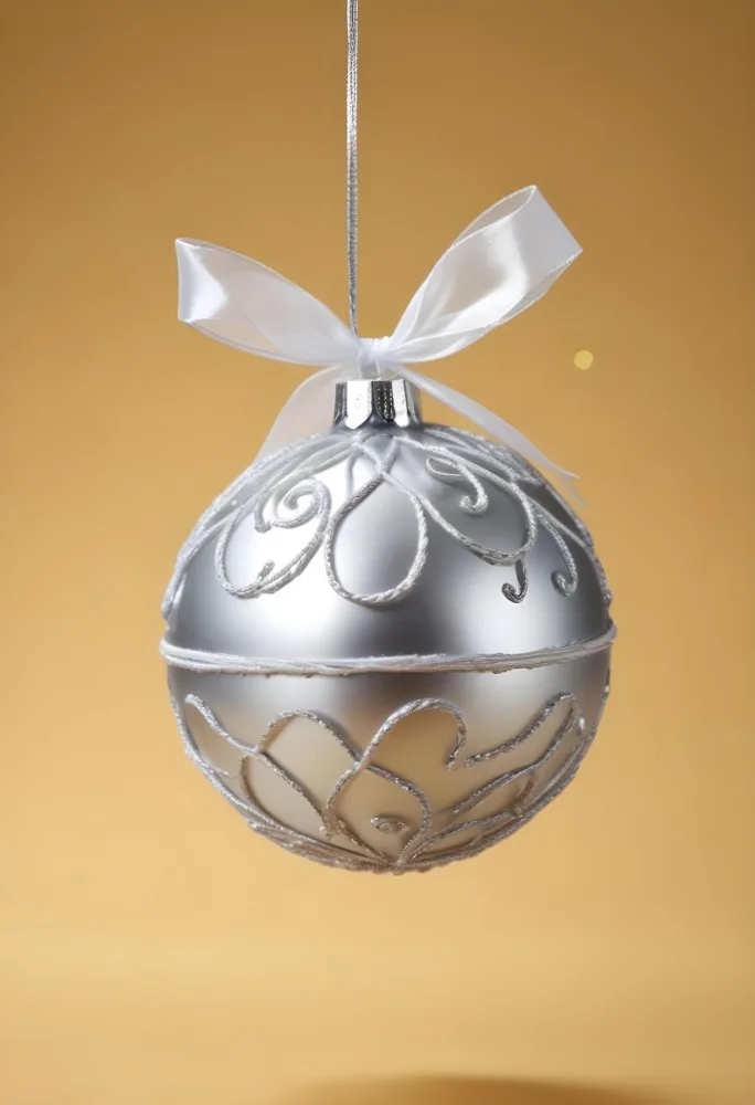 A Silver Christmas Ball Ornament With A White Top And A White String Isolated On A Golden Background 6 F614
