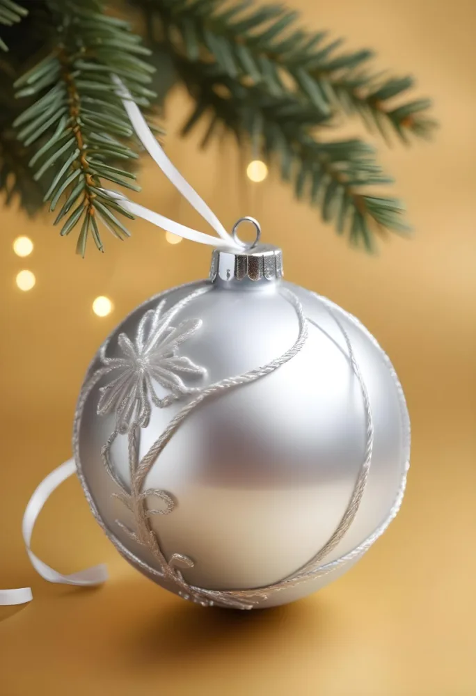 A Silver Christmas Ball Ornament With A White Top And A White String Isolated On A Golden Background 8 A156