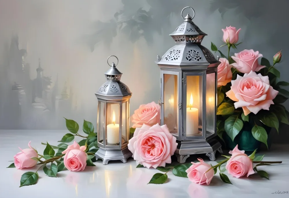 A Silver Lantern With A Candle Inside Surrounded By Pink And White Roses And Green Leaves On A White Surface With A Blurred Background 6 Ddf5