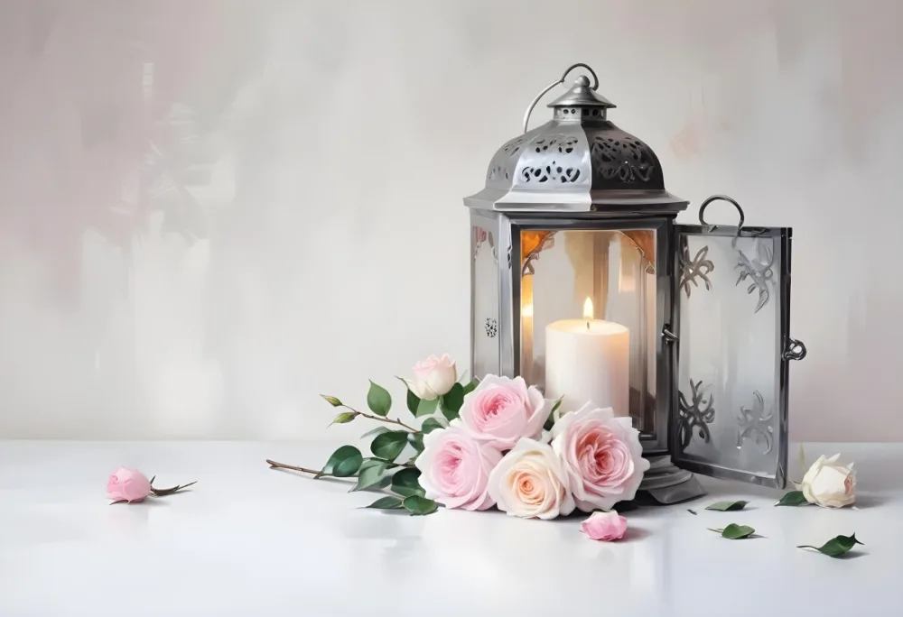 A Silver Lantern With A Candle Inside Surrounded By Pink And White Roses And Green Leaves On A White Surface With A Blurred Background 7 Ee0d