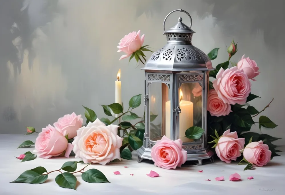 A Silver Lantern With A Candle Inside Surrounded By Pink And White Roses And Green Leaves On A White Surface With A Blurred Background 8 F76e