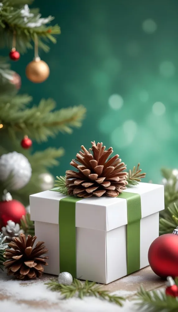A White Gift Box With A Pine Cone On Top Surrounded By Christmas Ornaments And Snowflakes 13 1c97