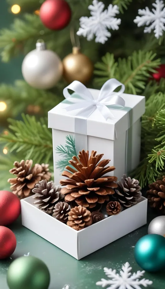 A White Gift Box With A Pine Cone On Top Surrounded By Christmas Ornaments And Snowflakes 14 F310
