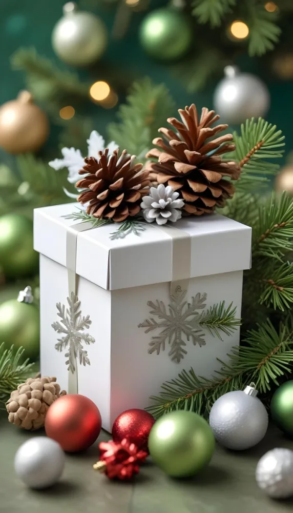 A White Gift Box With A Pine Cone On Top Surrounded By Christmas Ornaments And Snowflakes 15 7c5f