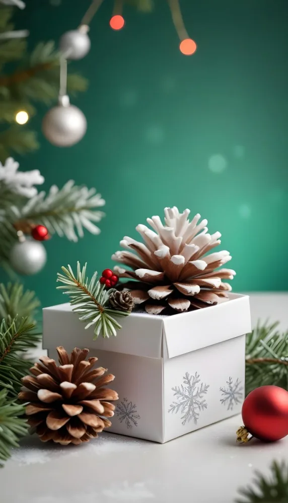 A White Gift Box With A Pine Cone On Top Surrounded By Christmas Ornaments And Snowflakes 16 E0b8
