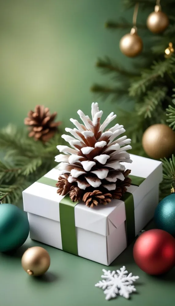 A White Gift Box With A Pine Cone On Top Surrounded By Christmas Ornaments And Snowflakes 2 Ab38
