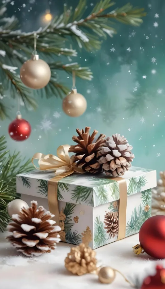 A White Gift Box With A Pine Cone On Top Surrounded By Christmas Ornaments And Snowflakes 3 6d12