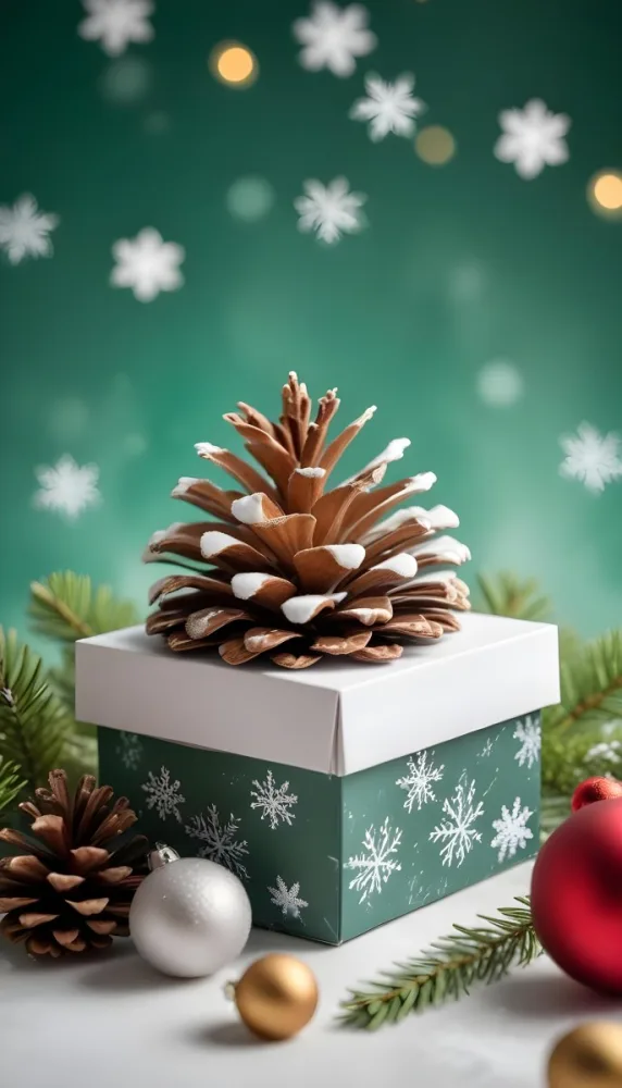A White Gift Box With A Pine Cone On Top Surrounded By Christmas Ornaments And Snowflakes 4 C6b0