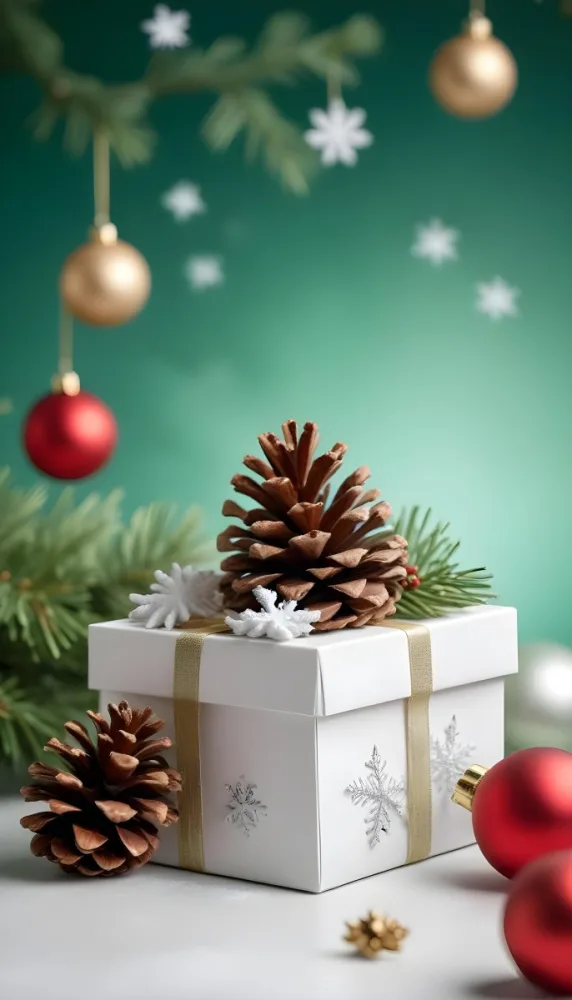 A White Gift Box With A Pine Cone On Top Surrounded By Christmas Ornaments And Snowflakes 5 12eb