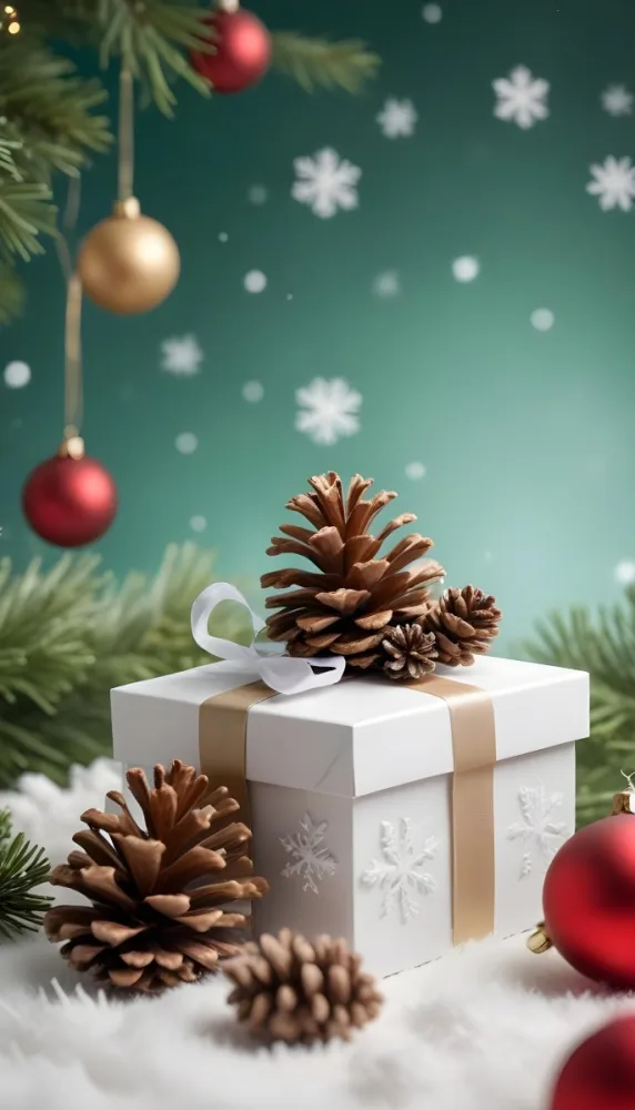 A White Gift Box With A Pine Cone On Top Surrounded By Christmas Ornaments And Snowflakes 6 2e68
