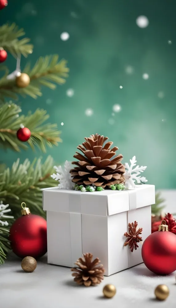 A White Gift Box With A Pine Cone On Top Surrounded By Christmas Ornaments And Snowflakes 7 A9a9