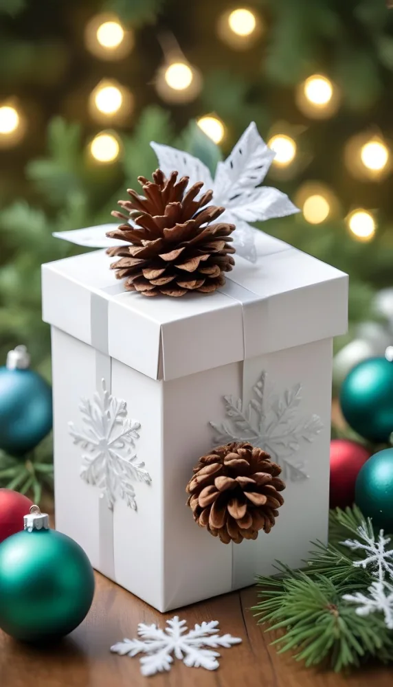 A White Gift Box With A Pine Cone On Top Surrounded By Christmas Ornaments And Snowflakes 8 A2b3
