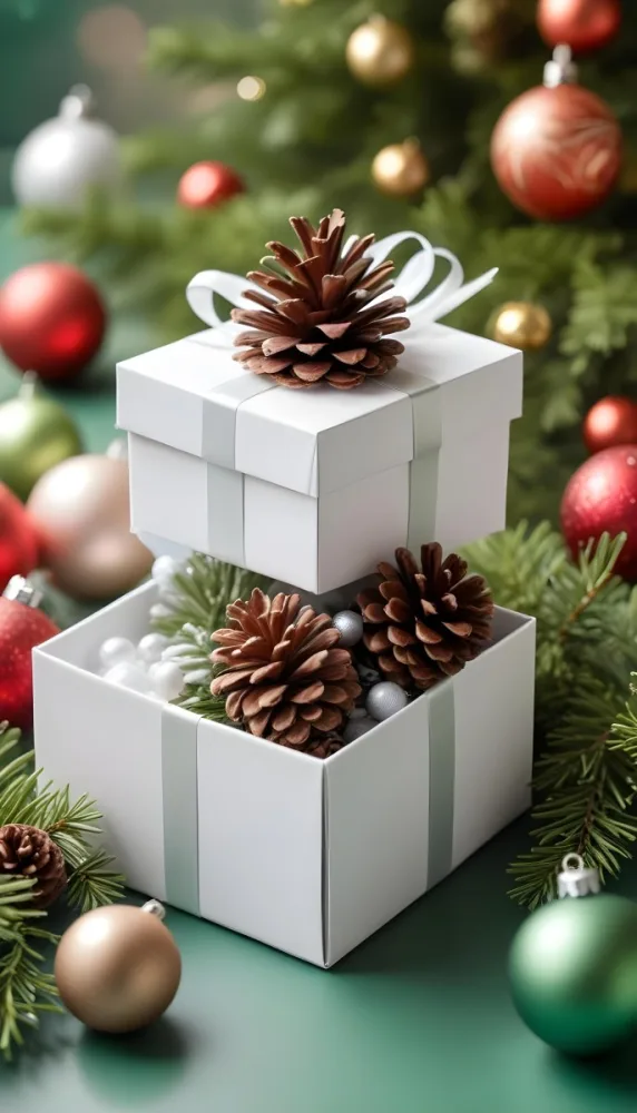 A White Gift Box With A Pine Cone On Top Surrounded By Christmas Ornaments And Snowflakes 9 5034