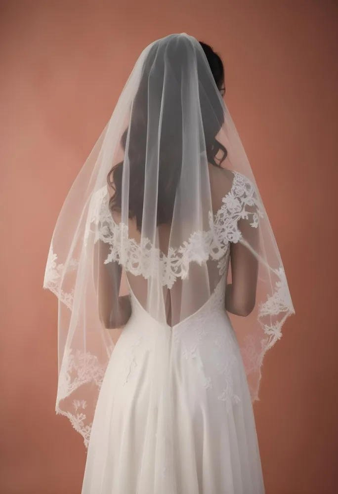 A White Wedding Dress With A Long Flowing Veil Featuring Lace Detailing 10 Be14