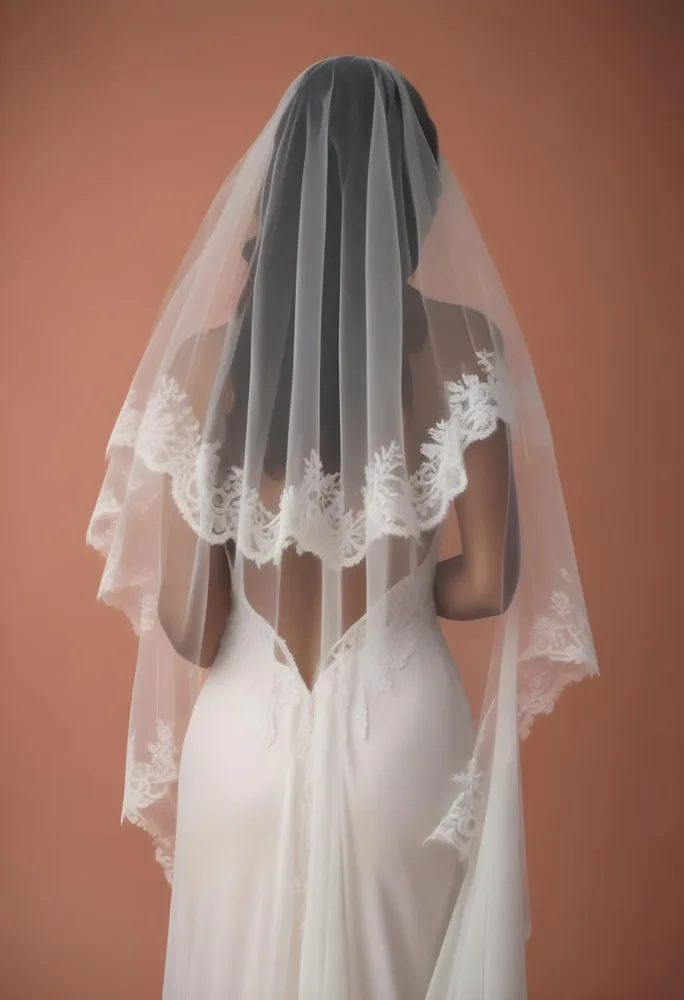A White Wedding Dress With A Long Flowing Veil Featuring Lace Detailing 18 5f1a