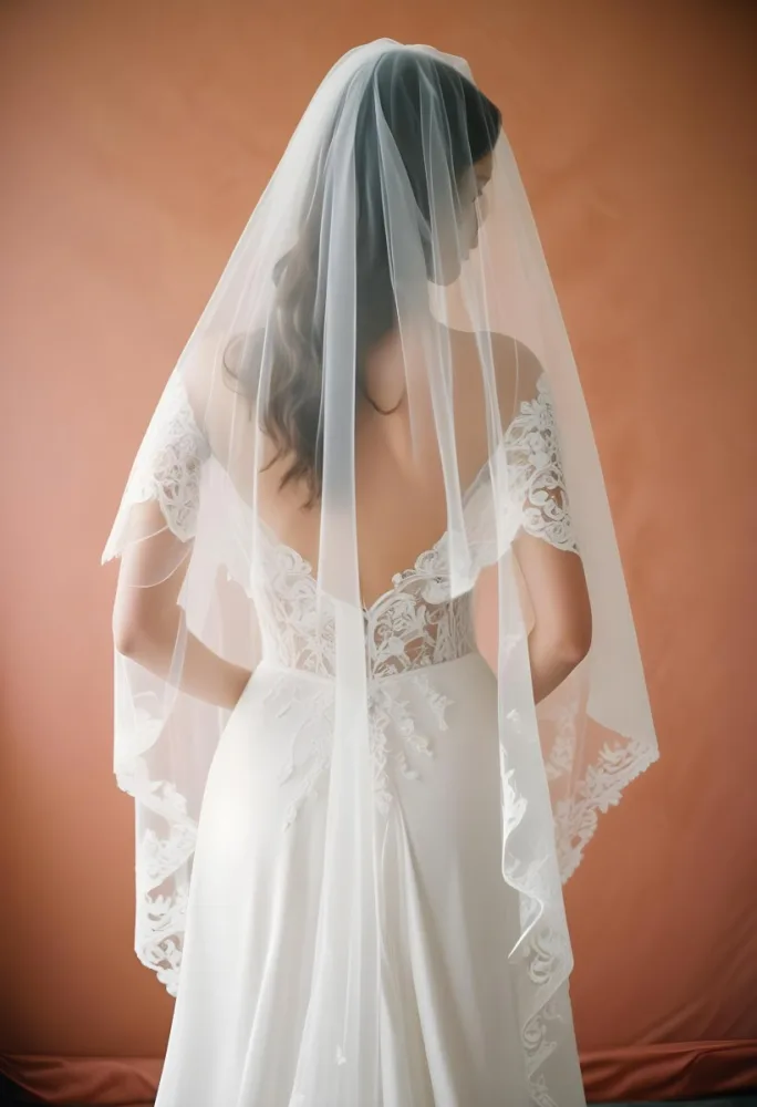 A White Wedding Dress With A Long Flowing Veil Featuring Lace Detailing 24 1ac0