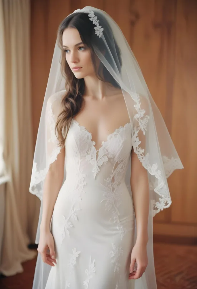 A White Wedding Dress With A Long Flowing Veil Featuring Lace Detailing 26 8b94