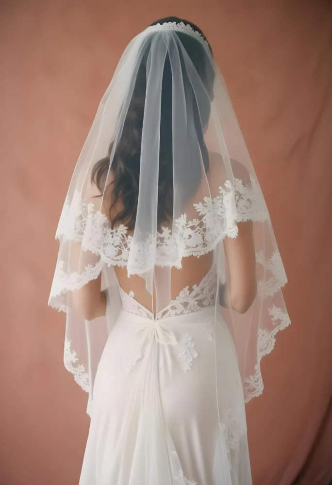 A White Wedding Dress With A Long Flowing Veil Featuring Lace Detailing 27 E244