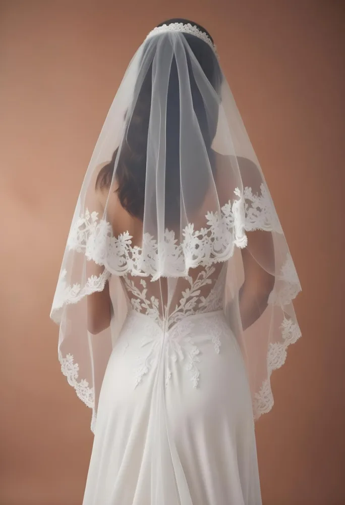 A White Wedding Dress With A Long Flowing Veil Featuring Lace Detailing 29 5d44