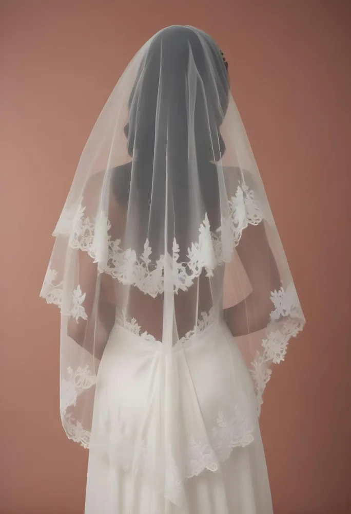 A White Wedding Dress With A Long Flowing Veil Featuring Lace Detailing 30 0770