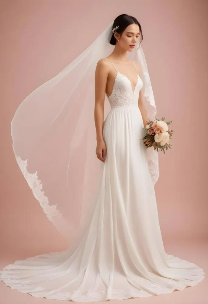 A White Wedding Dress With A Long Flowing Veil Featuring Lace Detailing 4 2c5f