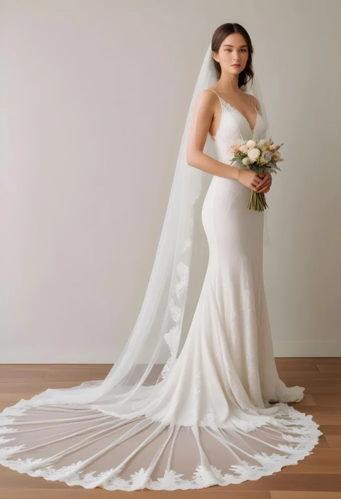 A White Wedding Dress With A Long Flowing Veil Featuring Lace Detailing 5 Ef16