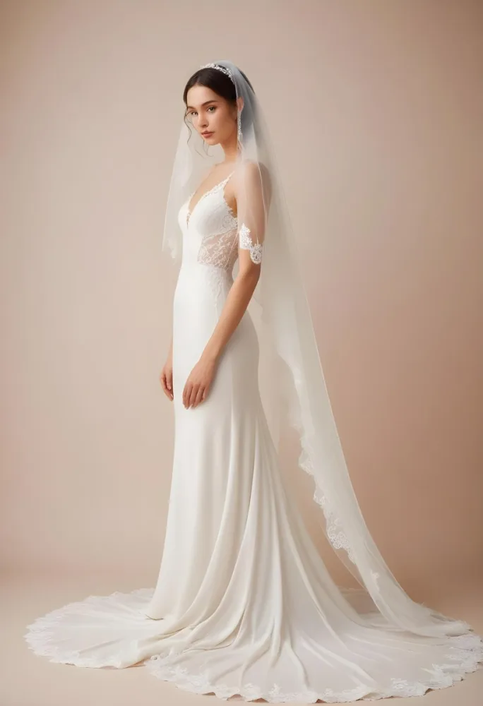 A White Wedding Dress With A Long Flowing Veil Featuring Lace Detailing 6 7b16