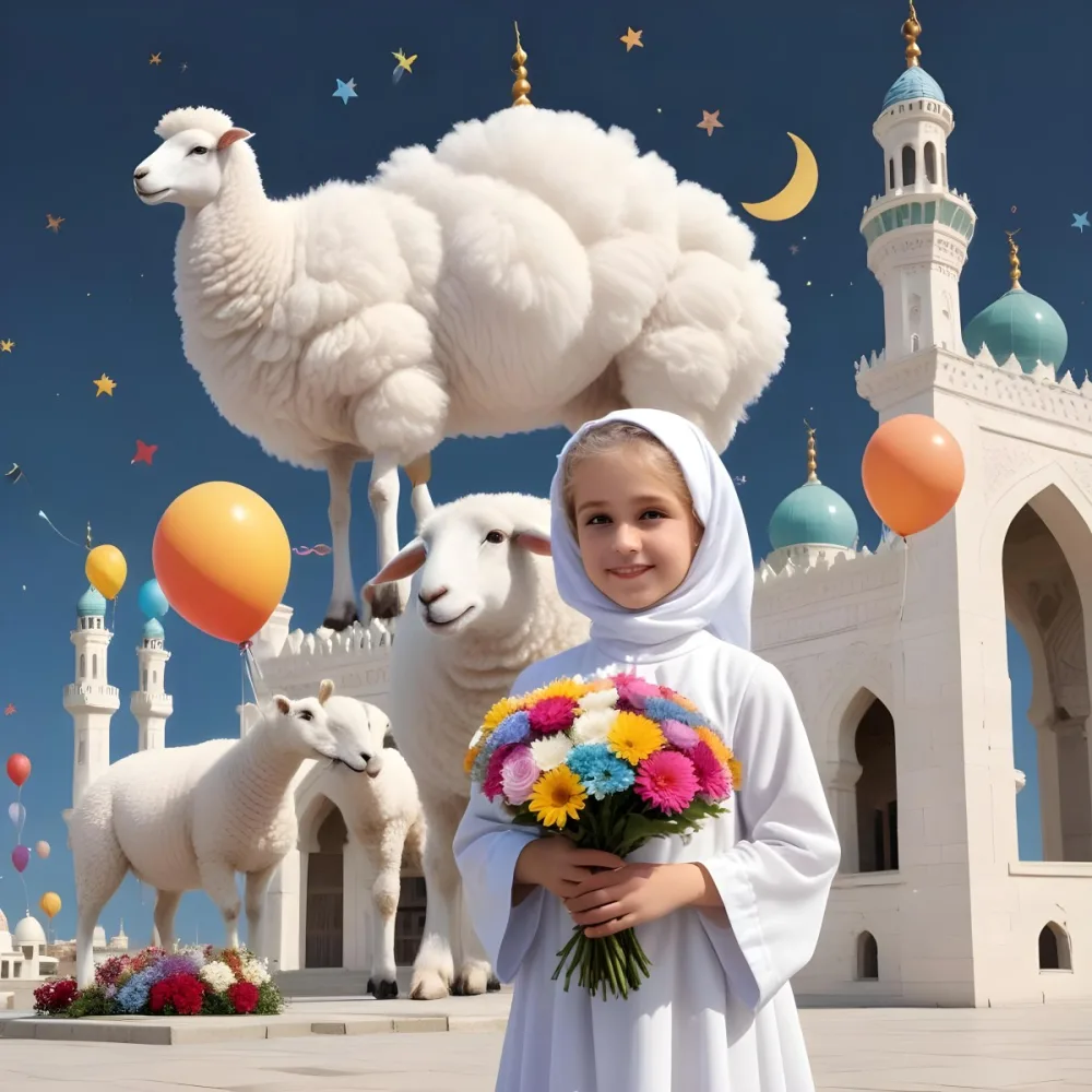 A Young Blonde Girl In A White Dress Holding A Bouquet Of Flowers Standing Next To A White Mosque Like Building With Minarets There Is Also A Small White Sheep Like Creature With A Pink Bow Next To Her The Backgro 10 22f4