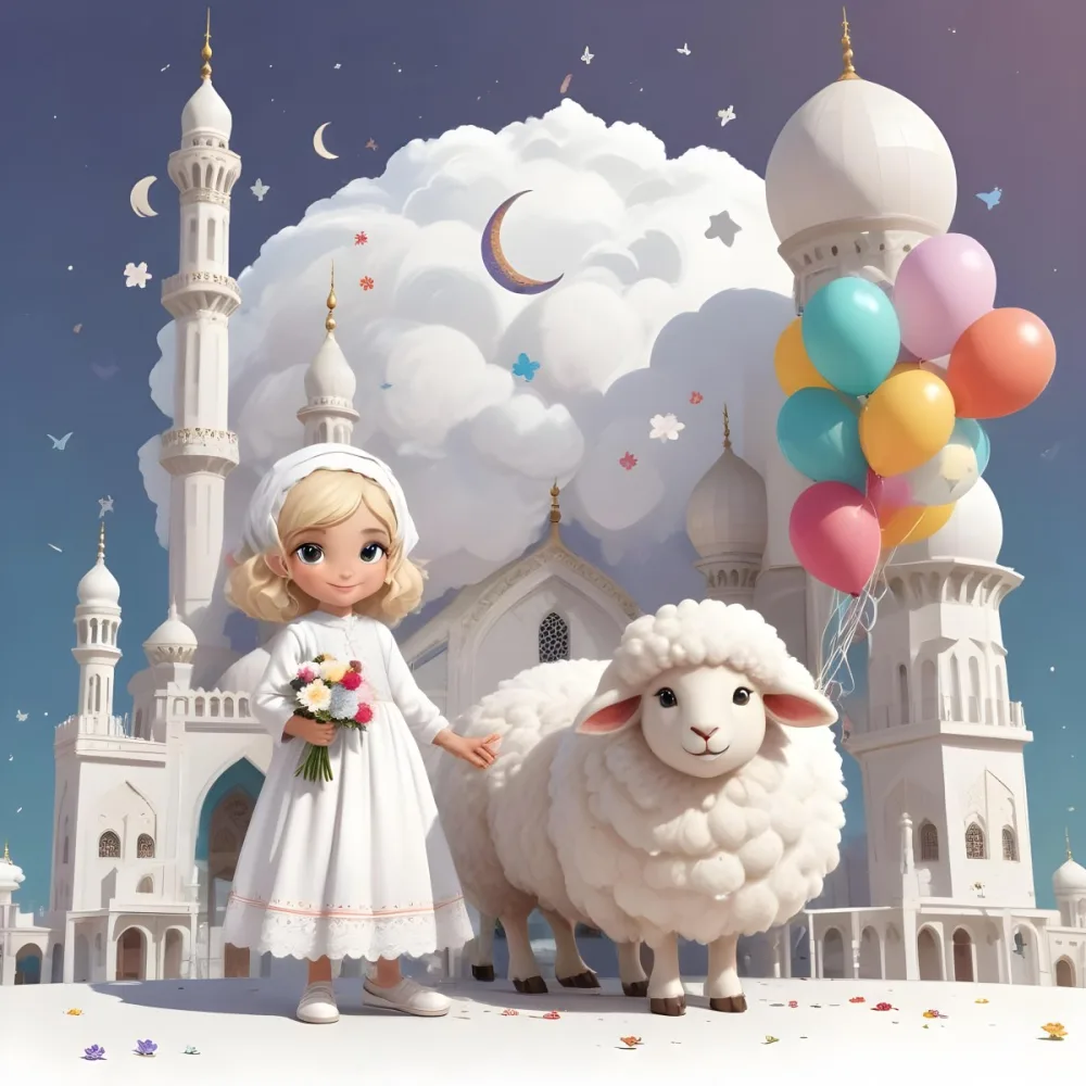 A Young Blonde Girl In A White Dress Holding A Bouquet Of Flowers Standing Next To A White Mosque Like Building With Minarets There Is Also A Small White Sheep Like Creature With A Pink Bow Next To Her The Backgro 11 1d12