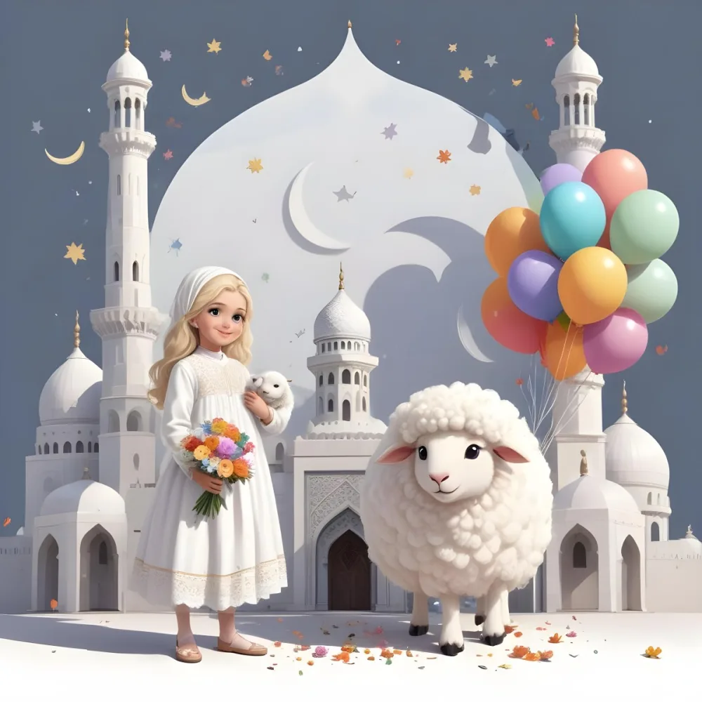 A Young Blonde Girl In A White Dress Holding A Bouquet Of Flowers Standing Next To A White Mosque Like Building With Minarets There Is Also A Small White Sheep Like Creature With A Pink Bow Next To Her The Backgro 12 B992