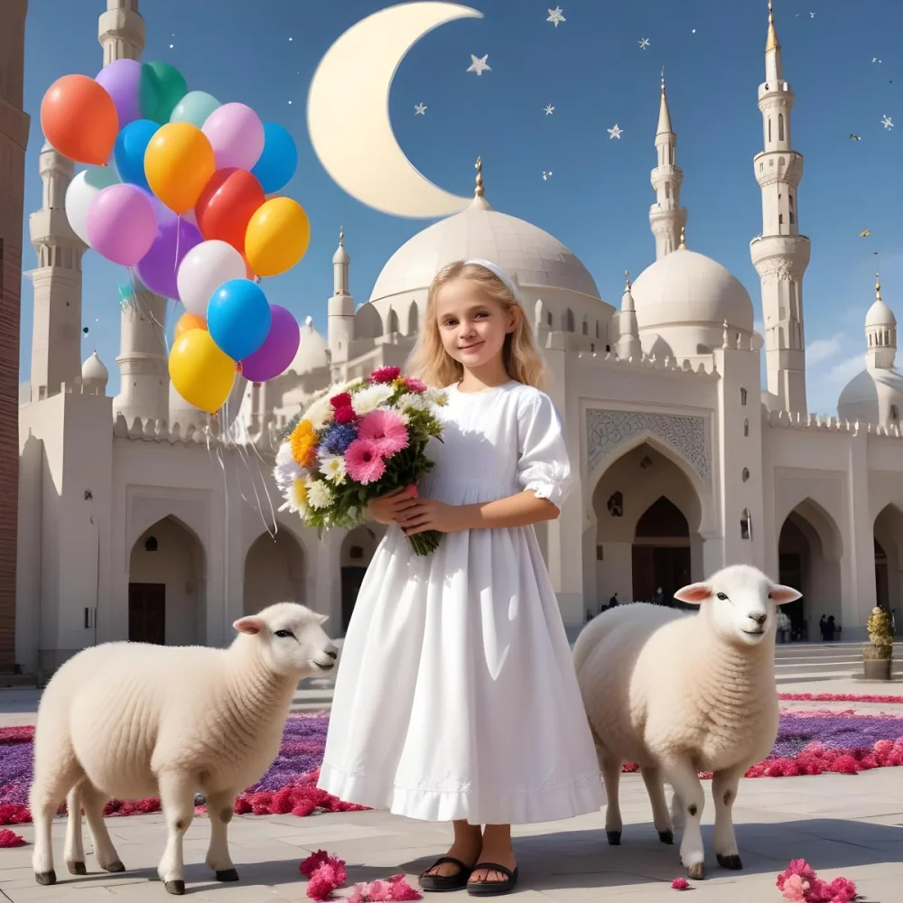 A Young Blonde Girl In A White Dress Holding A Bouquet Of Flowers Standing Next To A White Mosque Like Building With Minarets There Is Also A Small White Sheep Like Creature With A Pink Bow Next To Her The Backgro 13 Be5d